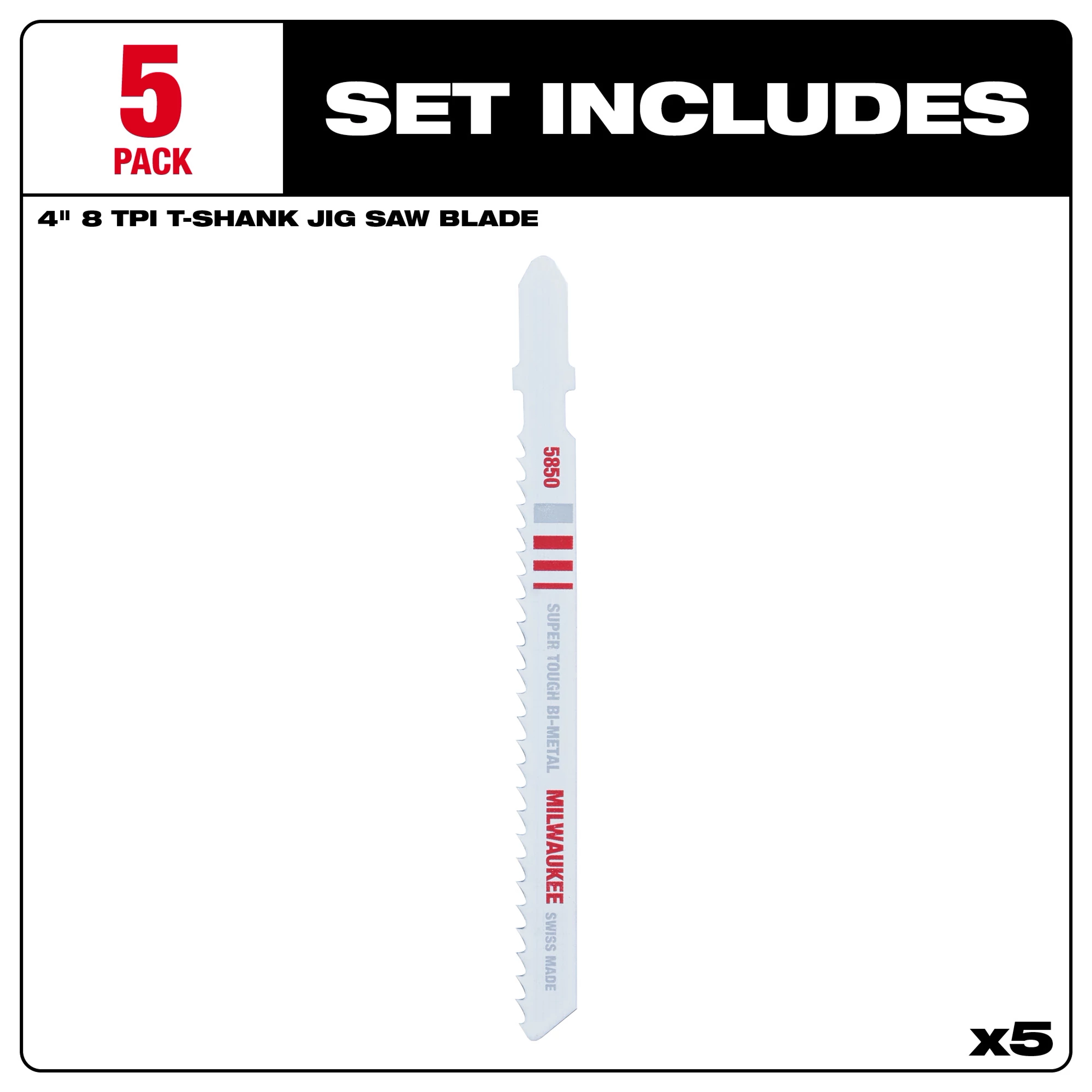 4" 8TPI T-Shank Metal Cutting Bi-Metal Jig Saw Blades 5PK set includes five bi-metal jig saw blades designed for cutting metal.