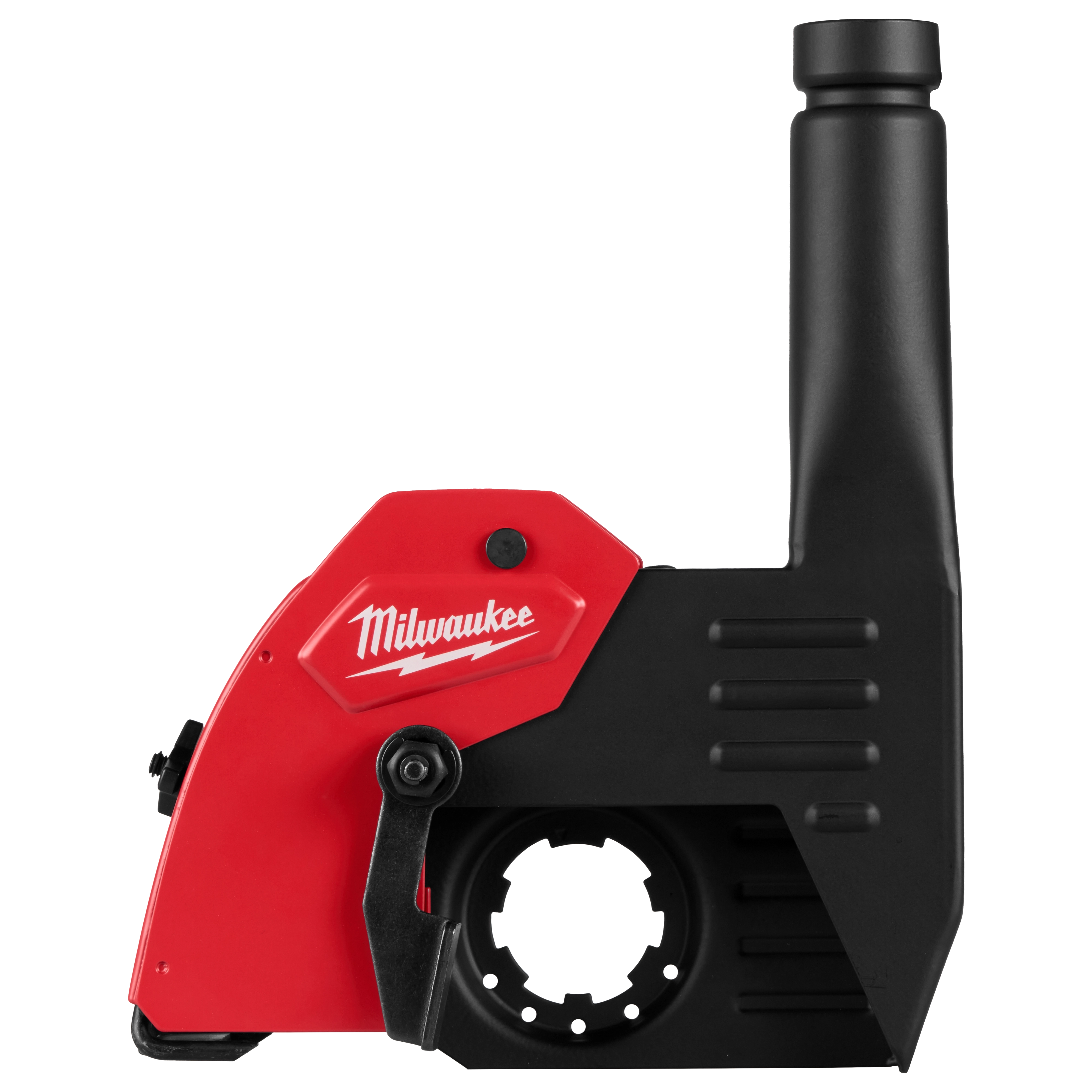The 6" Tuckpointing Dust Shroud by Milwaukee has a red and black design. It features an adjustable guard and a dust port for clean and efficient tuckpointing. The shroud fits most standard angle grinders, enhancing safety and dust control during masonry work.