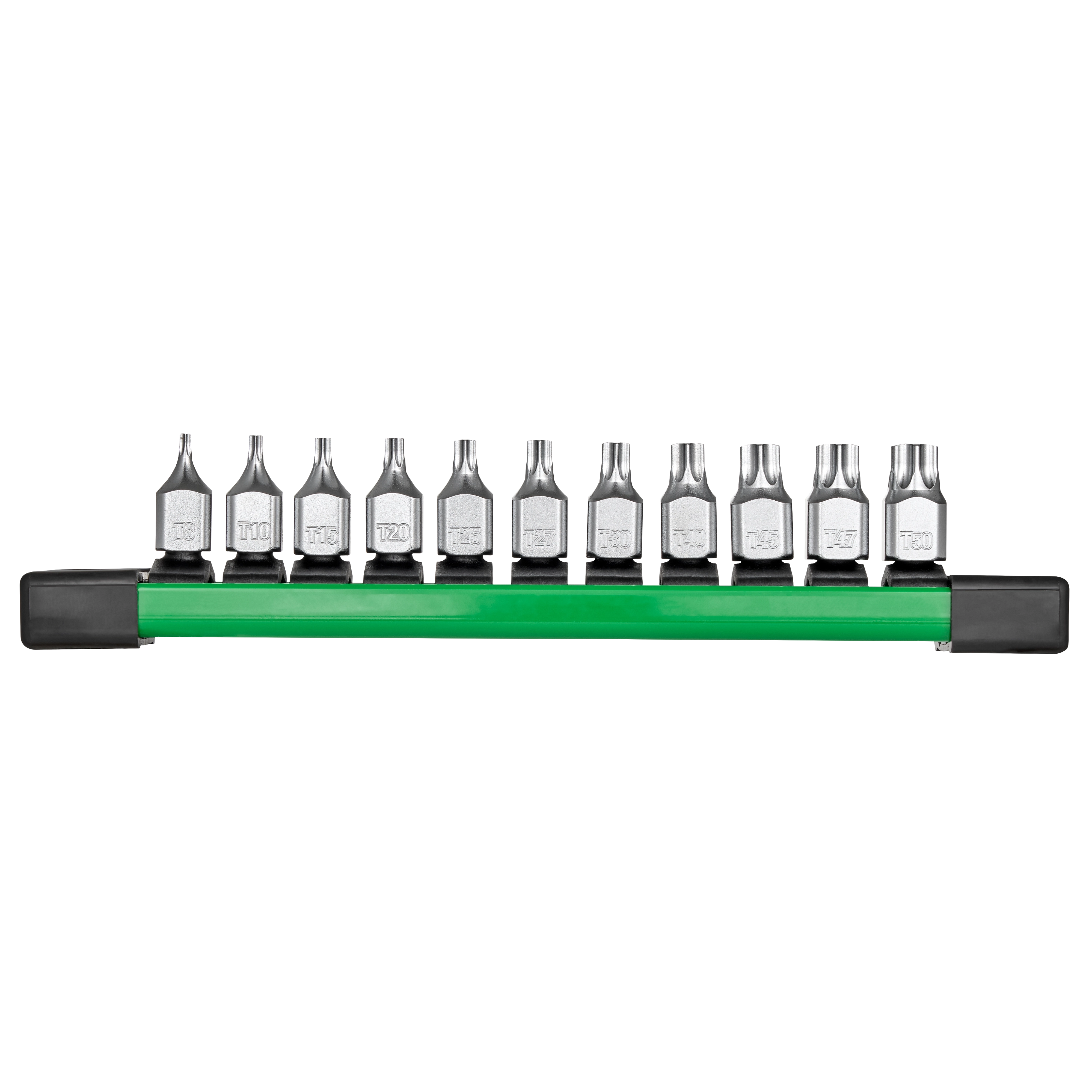 The 11pc 1/4" Drive Low-Profile TORX® Bit Socket Set includes 11 silver TORX bit sockets organized on a green rail holder. The bits are labeled from T6 to T50 and have a low-profile design for use in tight spaces.