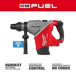 M18 FUEL 1-3/4" SDS MAX Rotary Hammer with ONE-KEY, shown in red and gray with side handle, boasting hardest hitting performance.