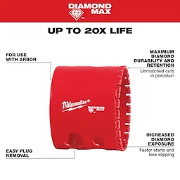 Red Milwaukee 2-1/8" Diamond Max Hole Saw with segmented diamond edge and text about its features and benefits around it.