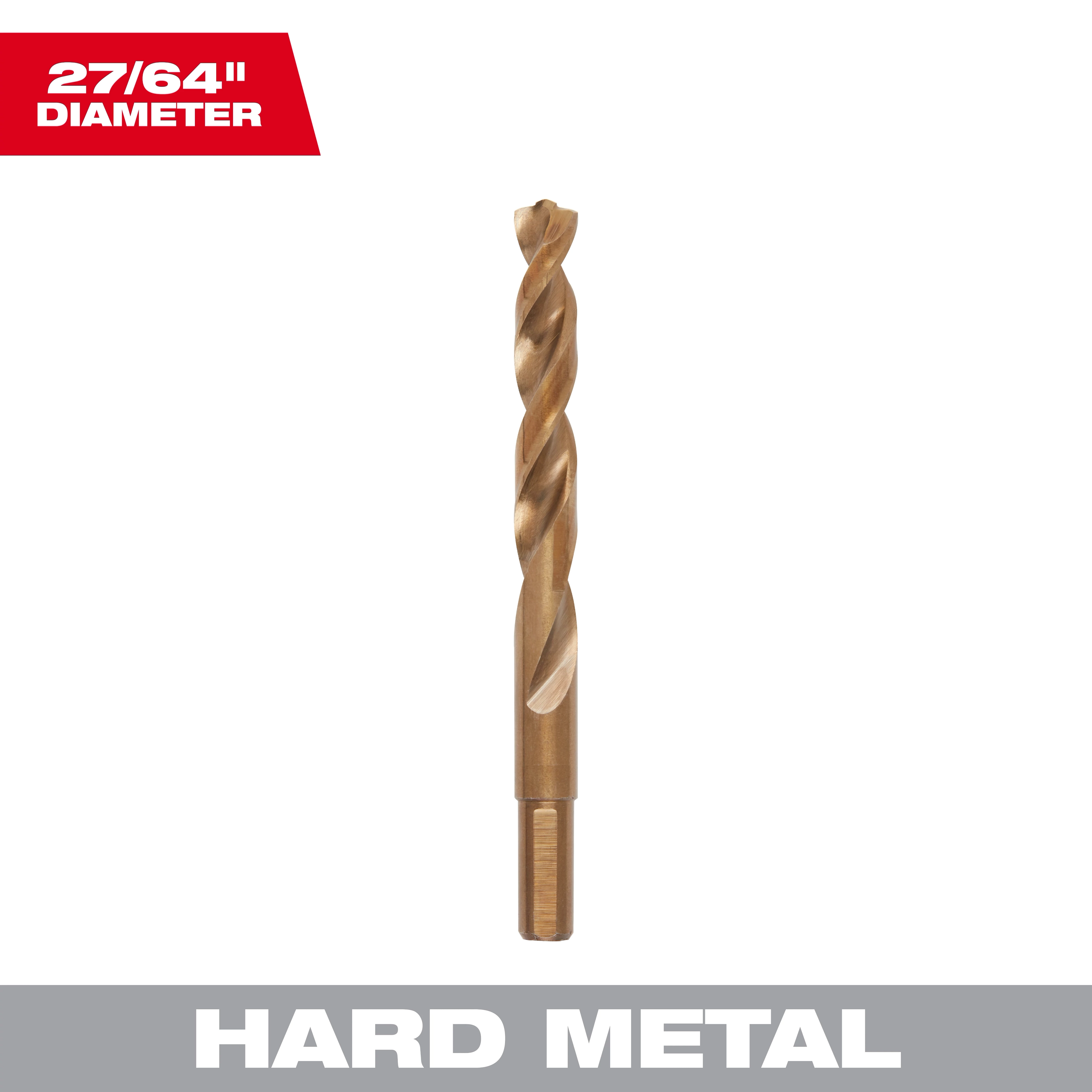 The image shows a 27/64 inch diameter drill bit for hard metal labeled as 48-89-2324 Primary Image, with a golden finish and fluted design.