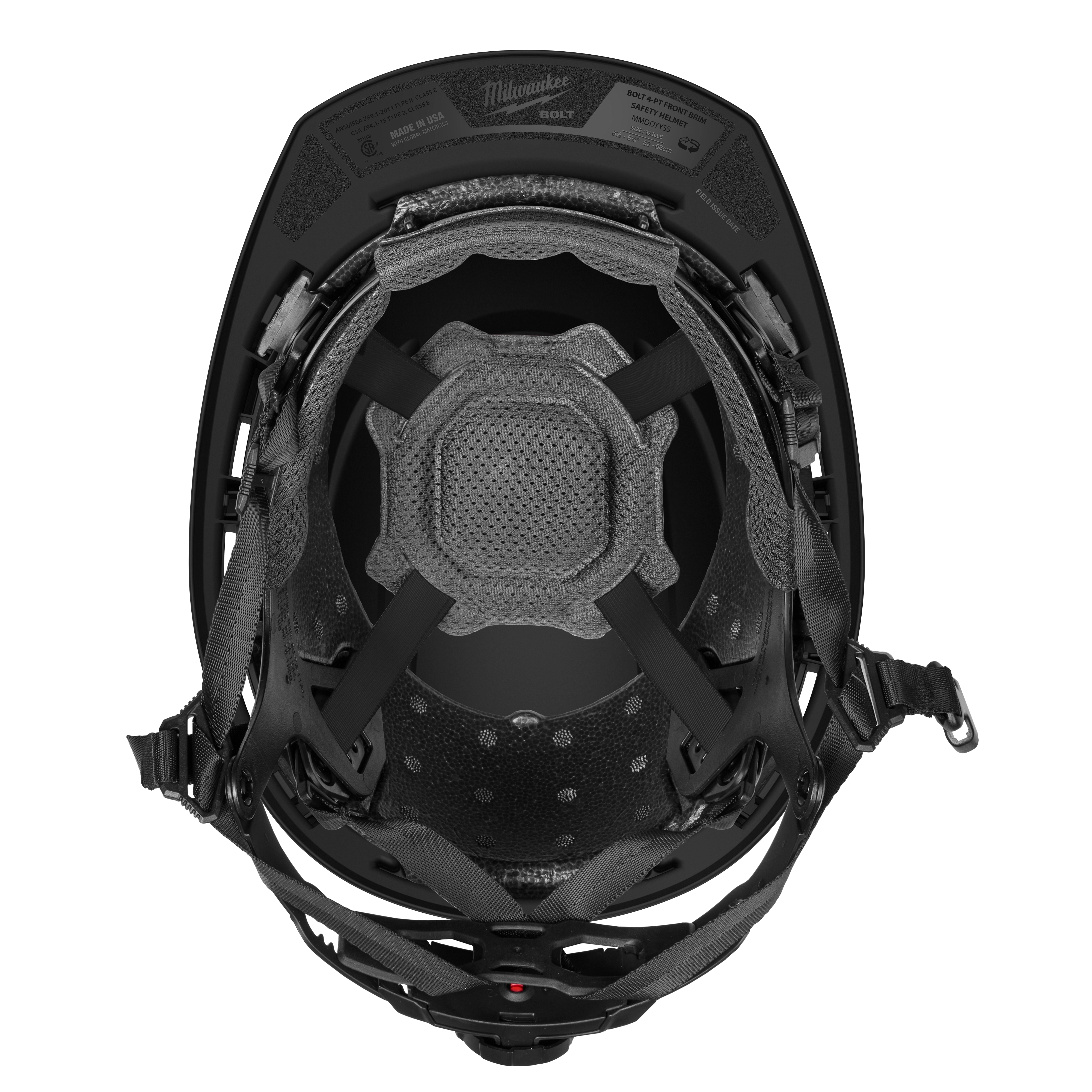 BOLT™ Black Front Brim Safety Helmet featuring a 4-point ratcheting suspension system. This Type 2, Class E helmet highlights interior padding and adjustable straps for comfort and secure fit. The brand label can be seen on the inner top of the helmet.
