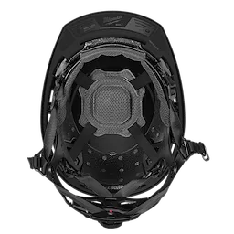 BOLT™ Black Front Brim Safety Helmet featuring a 4-point ratcheting suspension system. This Type 2, Class E helmet highlights interior padding and adjustable straps for comfort and secure fit. The brand label can be seen on the inner top of the helmet.