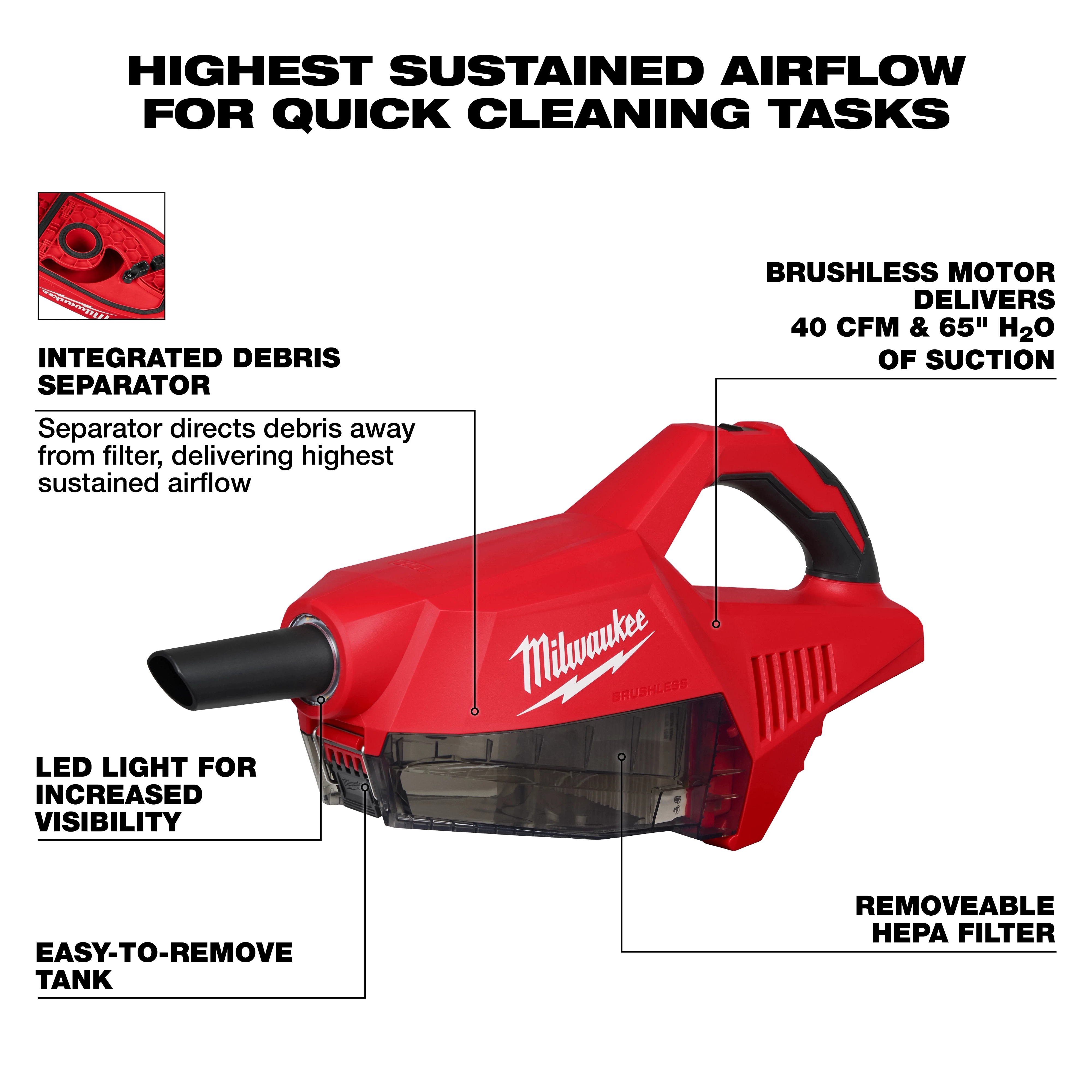 Milwaukee M18 Brushless Handheld Vacuum features high airflow, debris separator, LED light, removable tank, and HEPA filter.