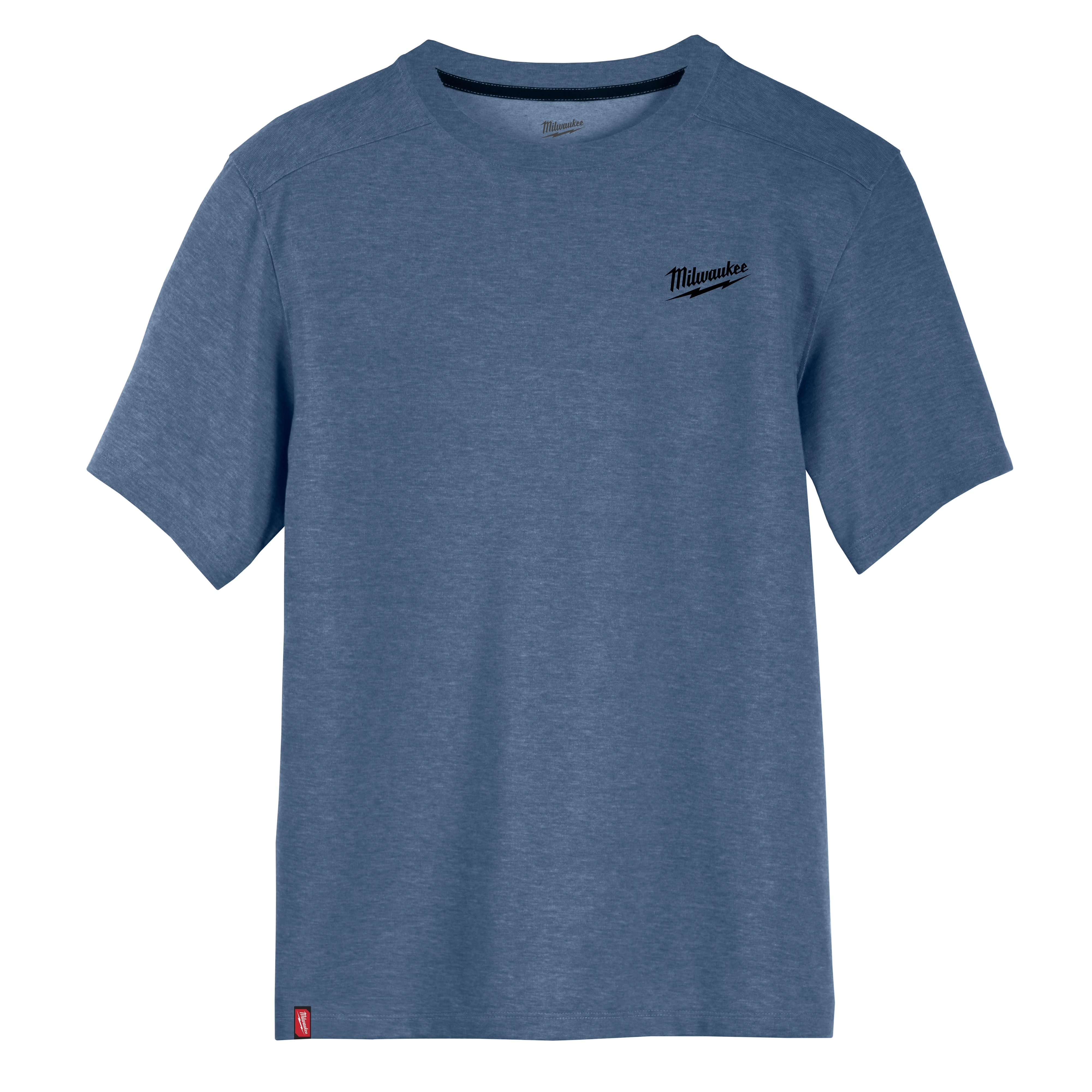 Blue short-sleeve Hybrid Work Tee with black "Milwaukee" logo on the left chest. Small red logo tag at the bottom left.