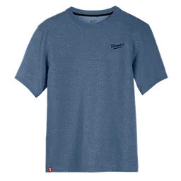 Blue short-sleeve Hybrid Work Tee with black "Milwaukee" logo on the left chest. Small red logo tag at the bottom left.