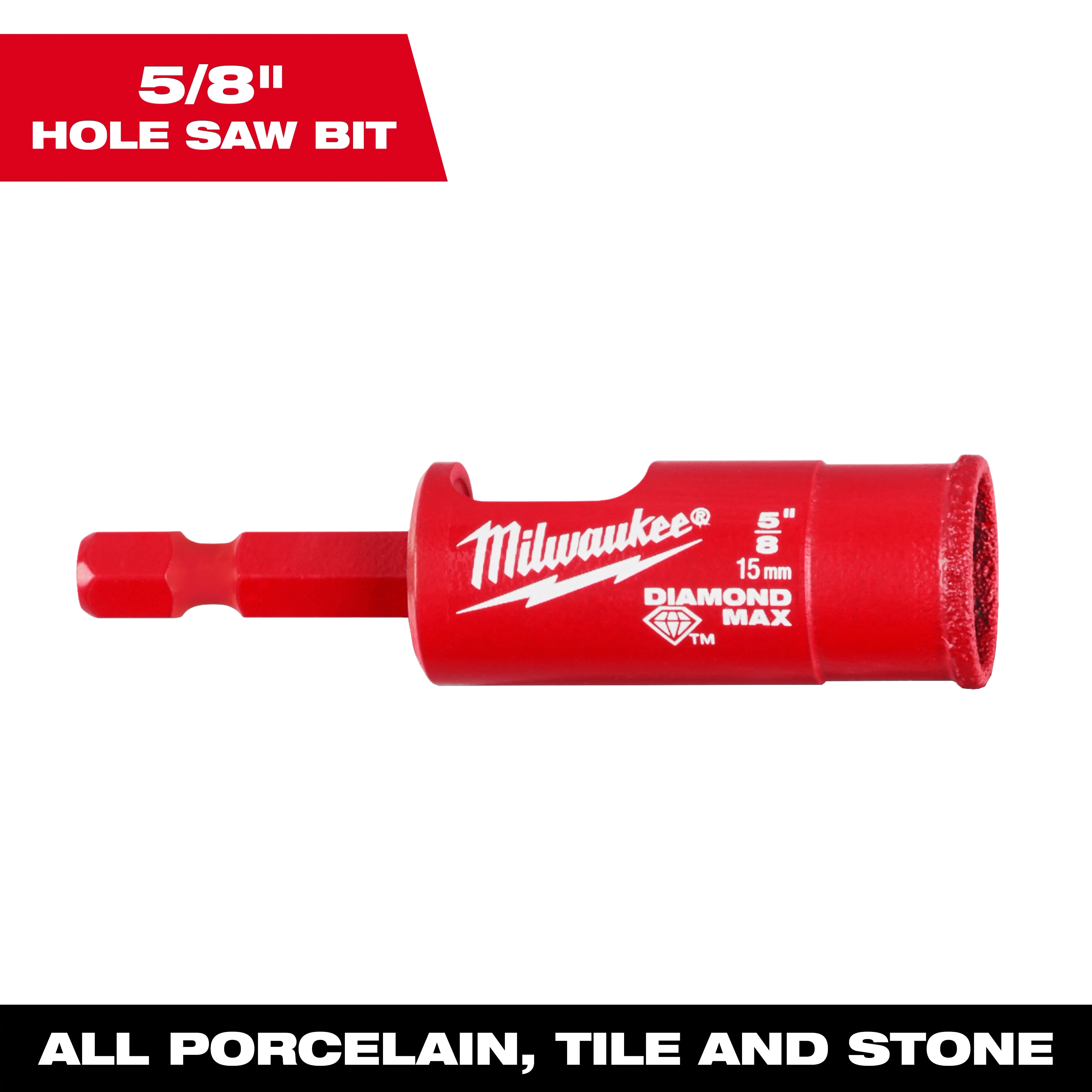 Milwaukee 5/8" Diamond Max Hole Saw designed for cutting all porcelain, tile, and stone. Bright red with manufacturer's logo.