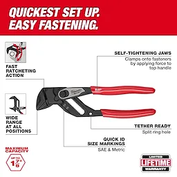 7" Pliers Wrench with self-tightening jaws, fast ratcheting action, tether ready hole, and quick ID size markings. Red handles included.