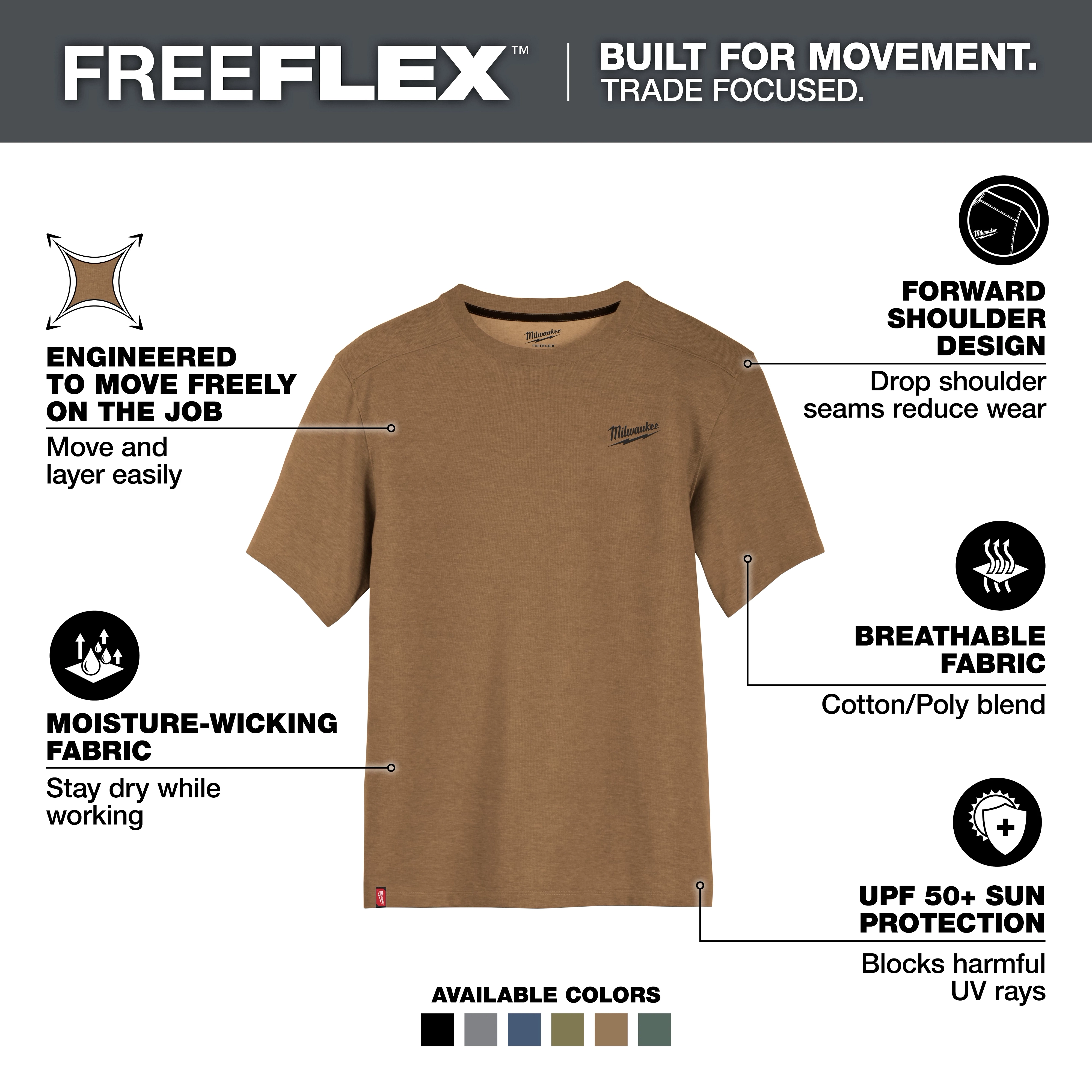 FREEFLEX Hybrid Work Tee - Short Sleeve in brown. Engineered for movement with forward shoulder design, moisture-wicking fabric, breathable cotton/poly blend, and UPF 50+ sun protection.