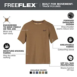 FREEFLEX Hybrid Work Tee - Short Sleeve in brown. Engineered for movement with forward shoulder design, moisture-wicking fabric, breathable cotton/poly blend, and UPF 50+ sun protection.