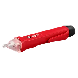 Milwaukee Voltage Detector features a red body with a pocket clip and a transparent tip. It is designed for detecting electrical voltages safely and easily.