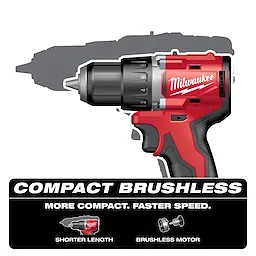 Milwaukee M18 Compact Brushless 1/2" Drill/Driver with a red and black body, showcasing features such as shorter length and brushless motor.