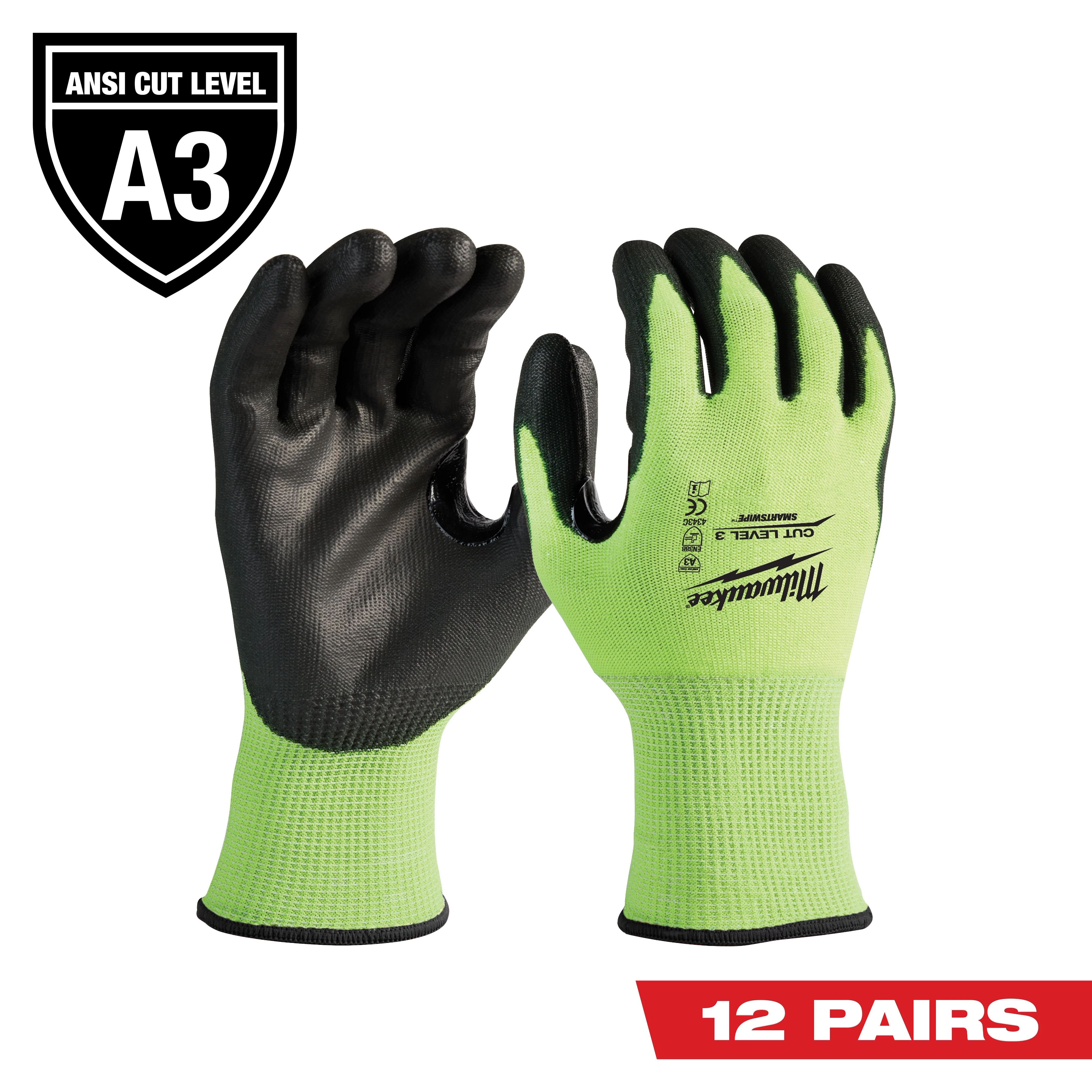 High Visibility Level 3 Cut Resistant Polyurethane Dipped Work Gloves (12-Pack) in neon green and black, ANSI Cut Level A3.