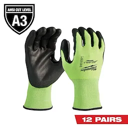 High Visibility Level 3 Cut Resistant Polyurethane Dipped Work Gloves (12-Pack) in neon green and black, ANSI Cut Level A3.
