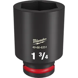 3/4 DR 1-3/4 Deep Impact Socket is a black steel socket with the size "1 3/4" marked in white. It features a red ring at the base and the Milwaukee brand name with the product number 49-66-6351 in gold.
