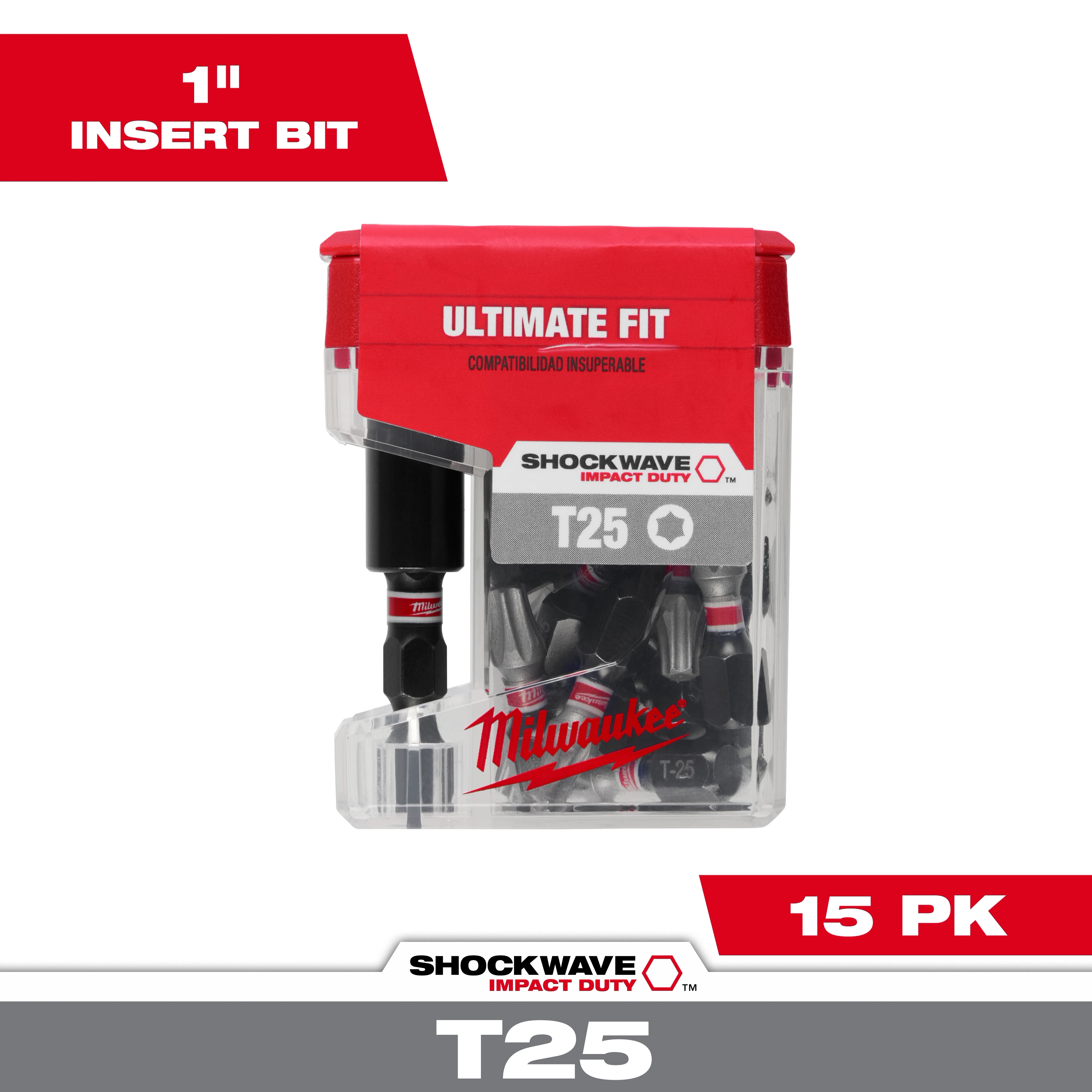 This image shows a package of SHOCKWAVE™ 1" T25 Impact Duty Bit (15 PK) Tic Tac with Bit Holder by Milwaukee. The plastic case is red and clear, labeled with "Ultimate Fit" and "Shockwave Impact Duty," indicating 15 pieces of T25 bits inside. "Milwaukee" is printed in red on the case.