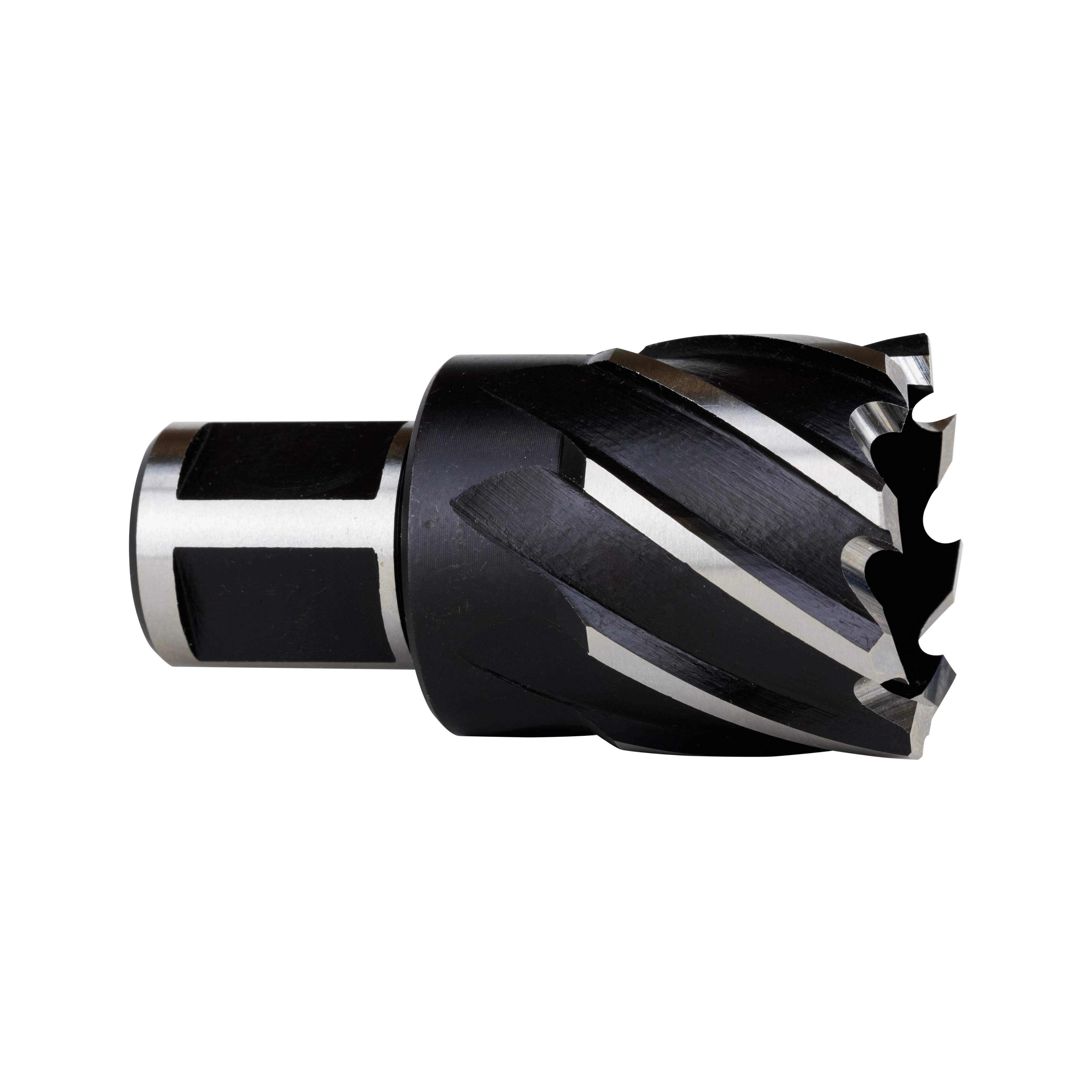 HSS Annular Cutter with a cylindrical shank and helical flutes, designed for efficient drilling in metalworking.
