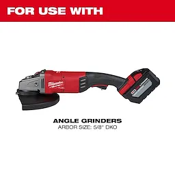 5/8" DKO Grinding Wheels for use with red and black angle grinders, featuring black battery compartment and ergonomic handle.