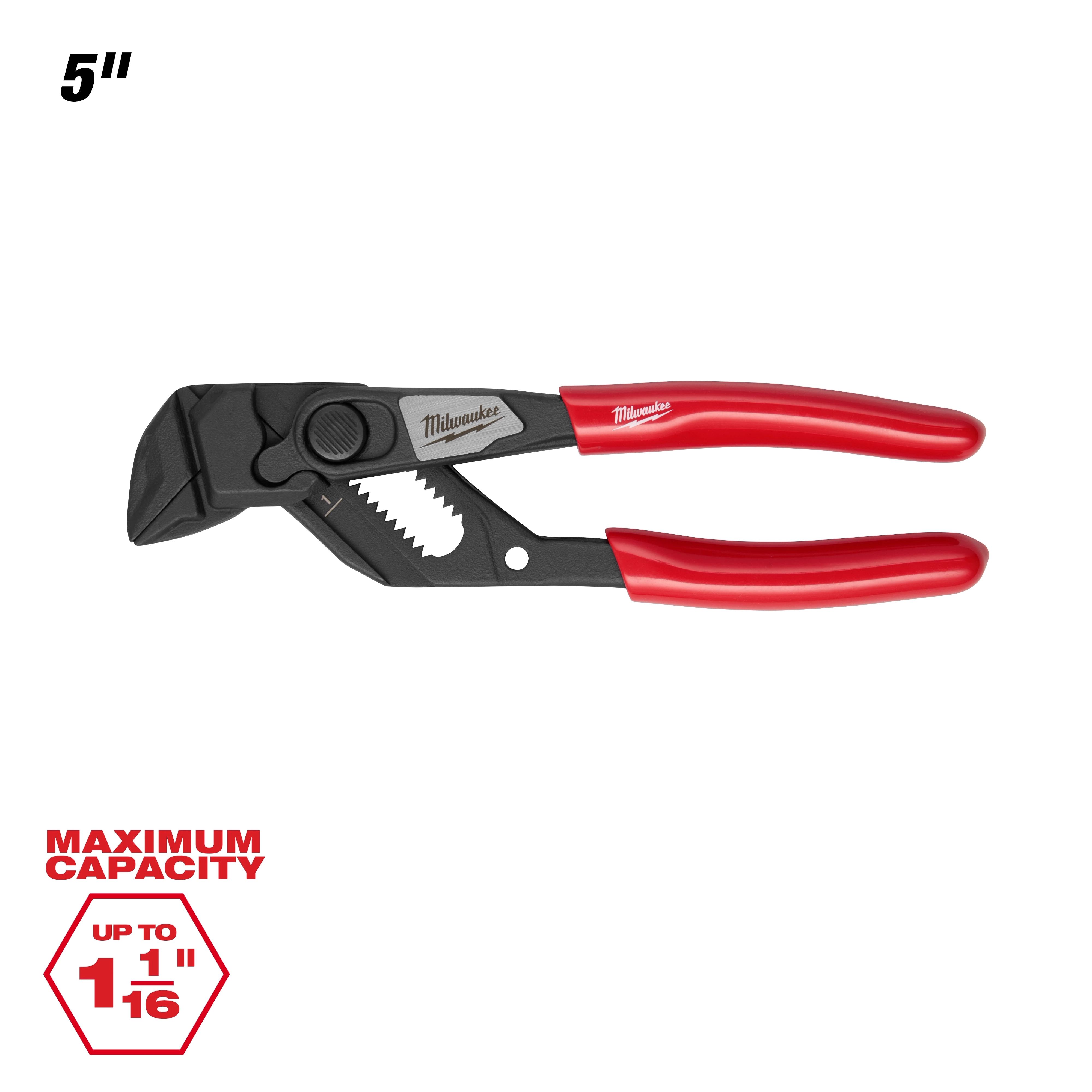 Milwaukee 5" Pliers Wrench with red handles, featuring a maximum capacity of up to 1 and 1/16 inches.