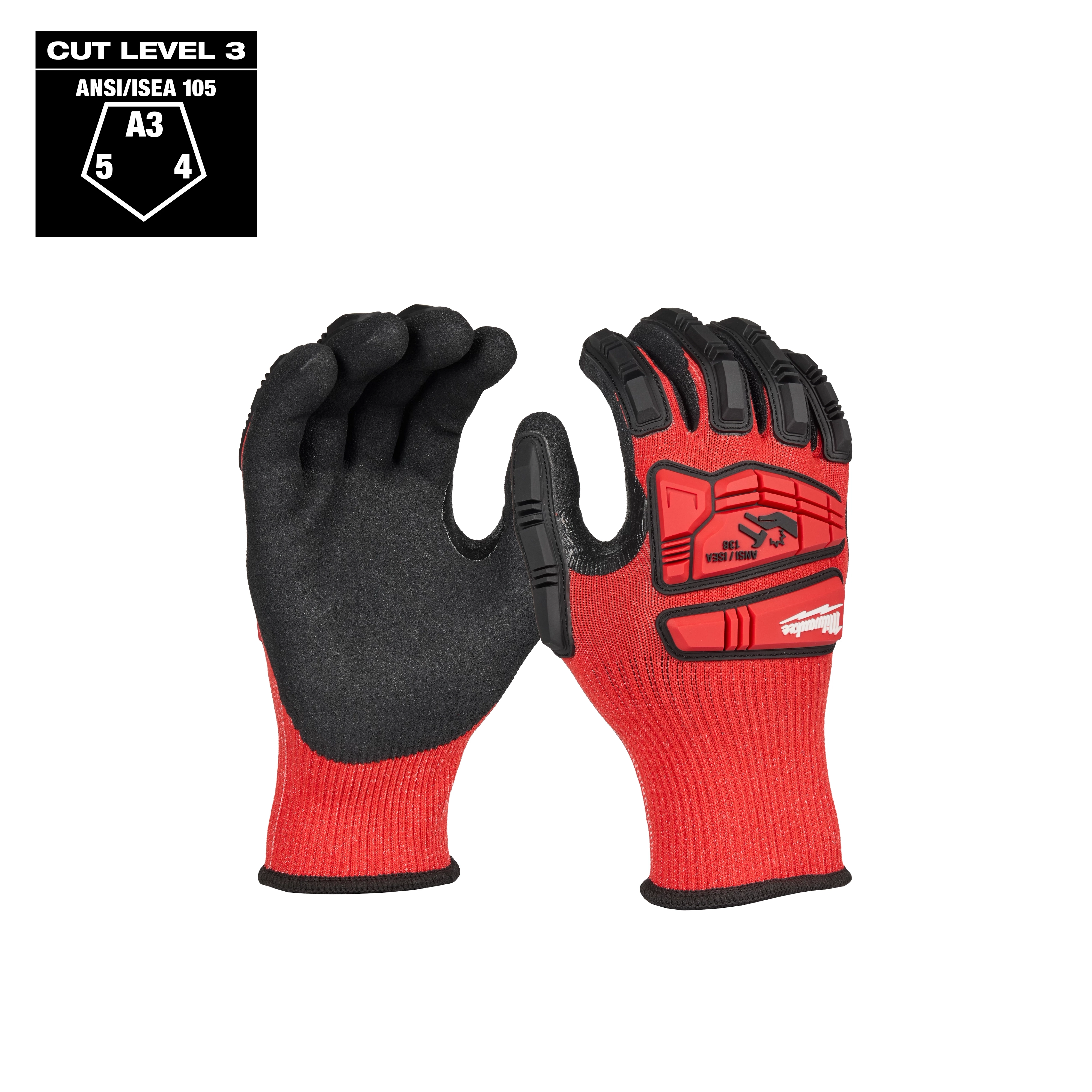 Red and black IMPACT CUT 3 NITRILE DIP GLOVE with reinforced knuckles, offering cut level 3 protection rated ANSI/ISEA 105 A3.