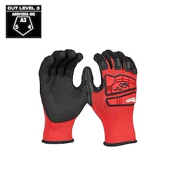 Red and black IMPACT CUT 3 NITRILE DIP GLOVE with reinforced knuckles, offering cut level 3 protection rated ANSI/ISEA 105 A3.