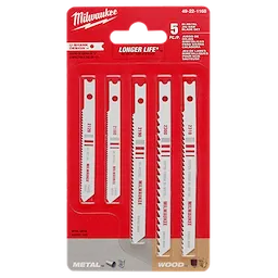 5 Pc T-Shank Bi-Metal Jig Saw Blade Set contains five blades of varying sizes for cutting metal and wood, displayed in red packaging.