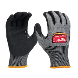 Cut Level 8 High-Dexterity Nitrile Dipped Gloves - XL in gray and black. Gloves feature a textured grip and orange trim.