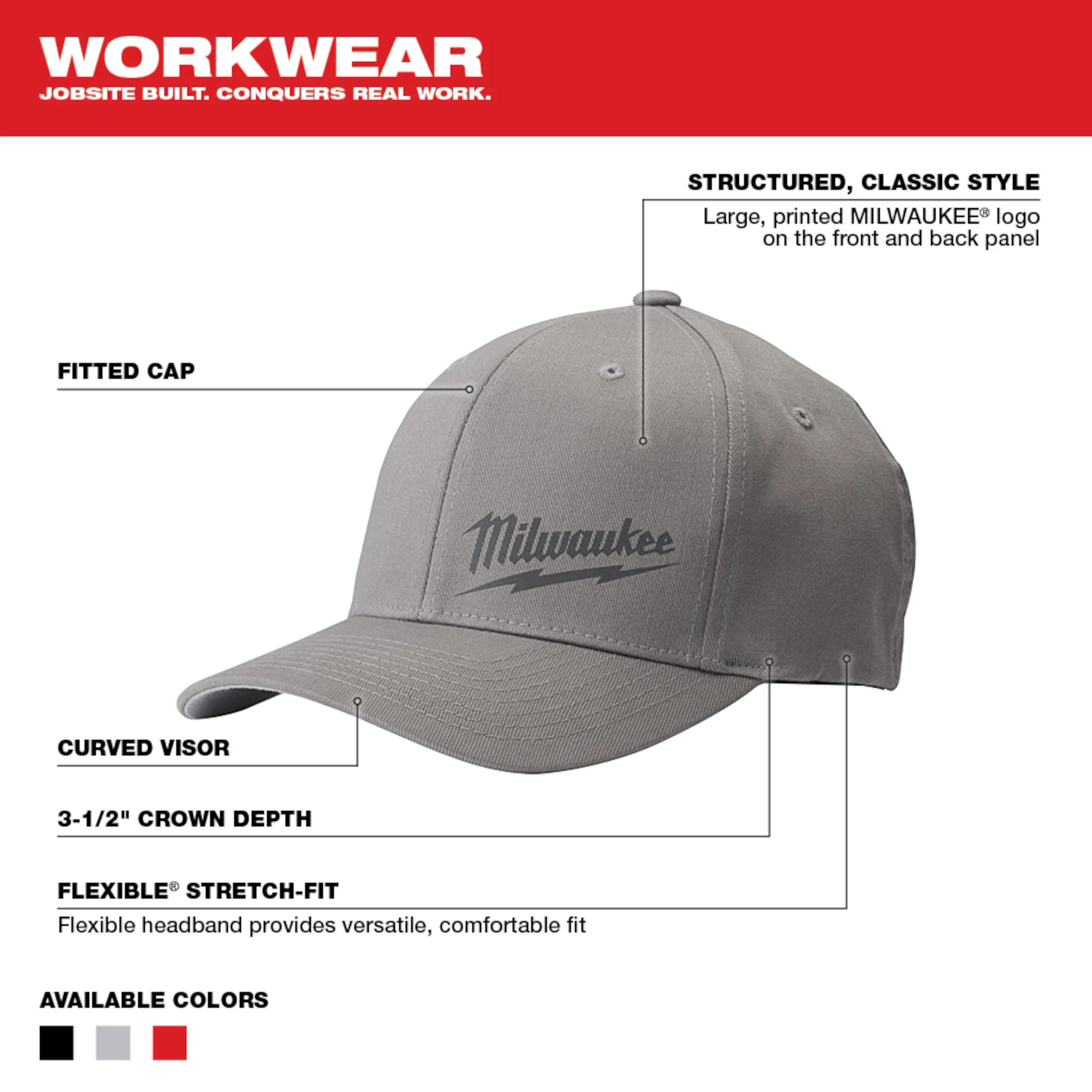 Gray Fitted Hat with curved visor and stretch-fit band. Displaying Milwaukee logo on the front, available in black, gray, and red colors.