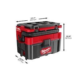 Milwaukee Fuel Brushless toolbox. Red and black with dimensions, 17.1" x 12.8" x 10.5". Includes hose and secure latches.