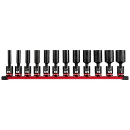 12PC SHOCKWAVE Impact Duty 3/8" Drive 6 Point SAE Deep Swivel Socket Set arranged on a red metal holder includes sockets in various sizes engraved with measurements: 5/16, 3/8, 7/16, 1/2, 9/16, 5/8, 11/16, 3/4, 13/16, 7/8, 15/16, and 1.