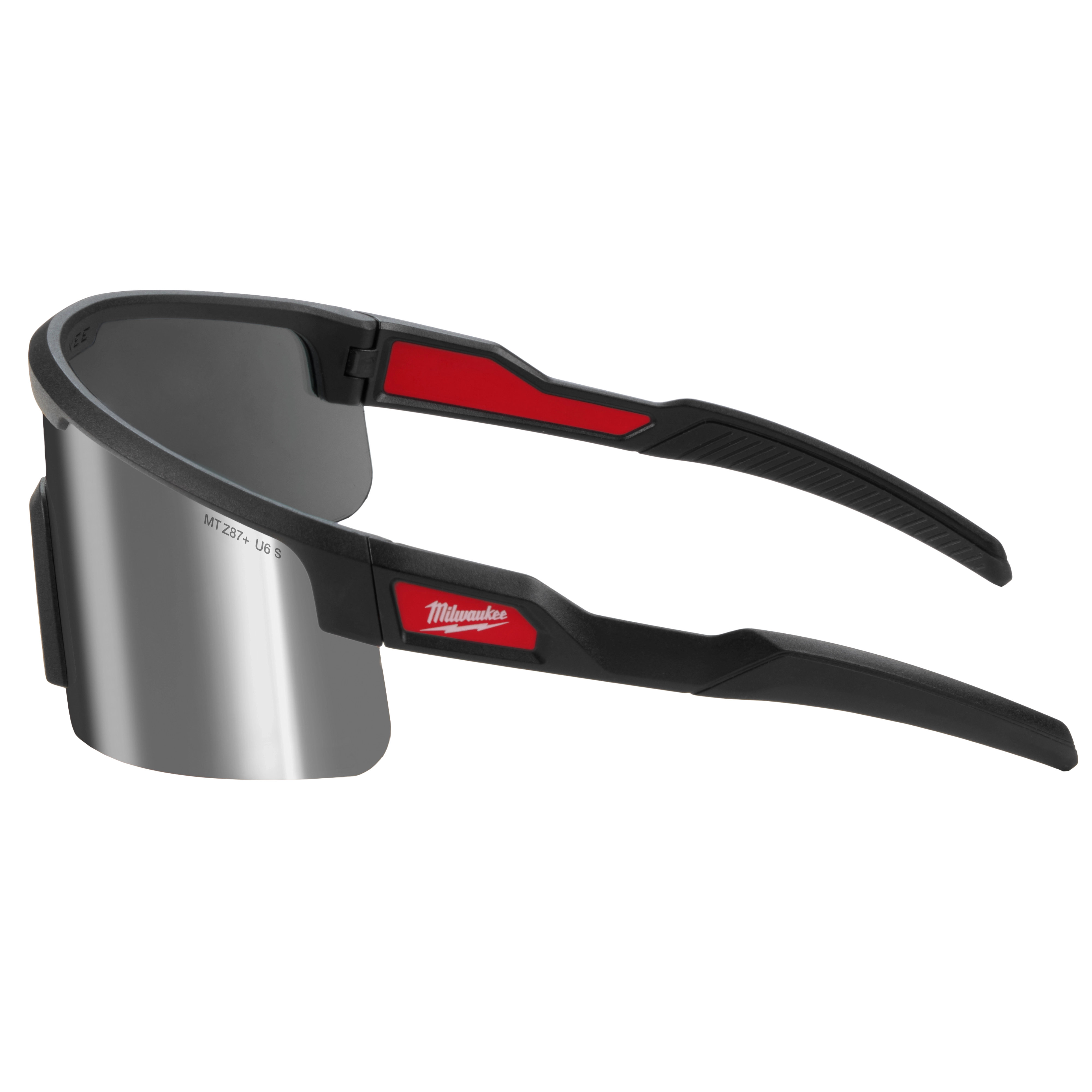 Wrap Around Safety Glasses feature mirrored, anti-scratch lenses and a sleek design with black and red accents. The glasses provide full eye protection and durability.