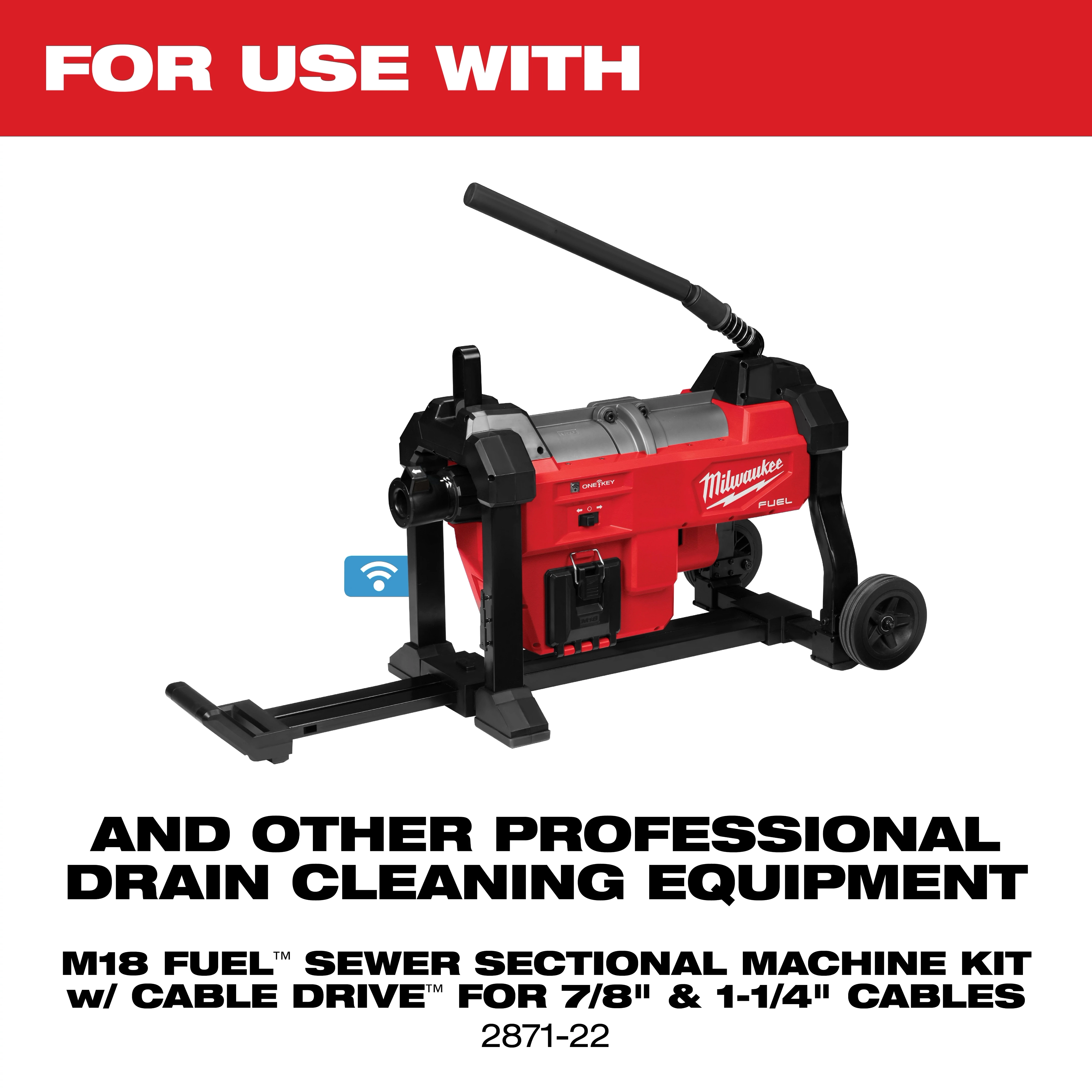 Milwaukee M18 Fuel Sewer Sectional Machine Kit features a red and black design with cable drive technology for 7/8" and 1-1/4" cables. This drain cleaning equipment has a sturdy frame with wheels for easy transport and is suitable for professional use. Model number 2871-22.