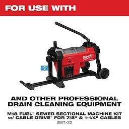 Milwaukee M18 Fuel Sewer Sectional Machine Kit features a red and black design with cable drive technology for 7/8" and 1-1/4" cables. This drain cleaning equipment has a sturdy frame with wheels for easy transport and is suitable for professional use. Model number 2871-22.