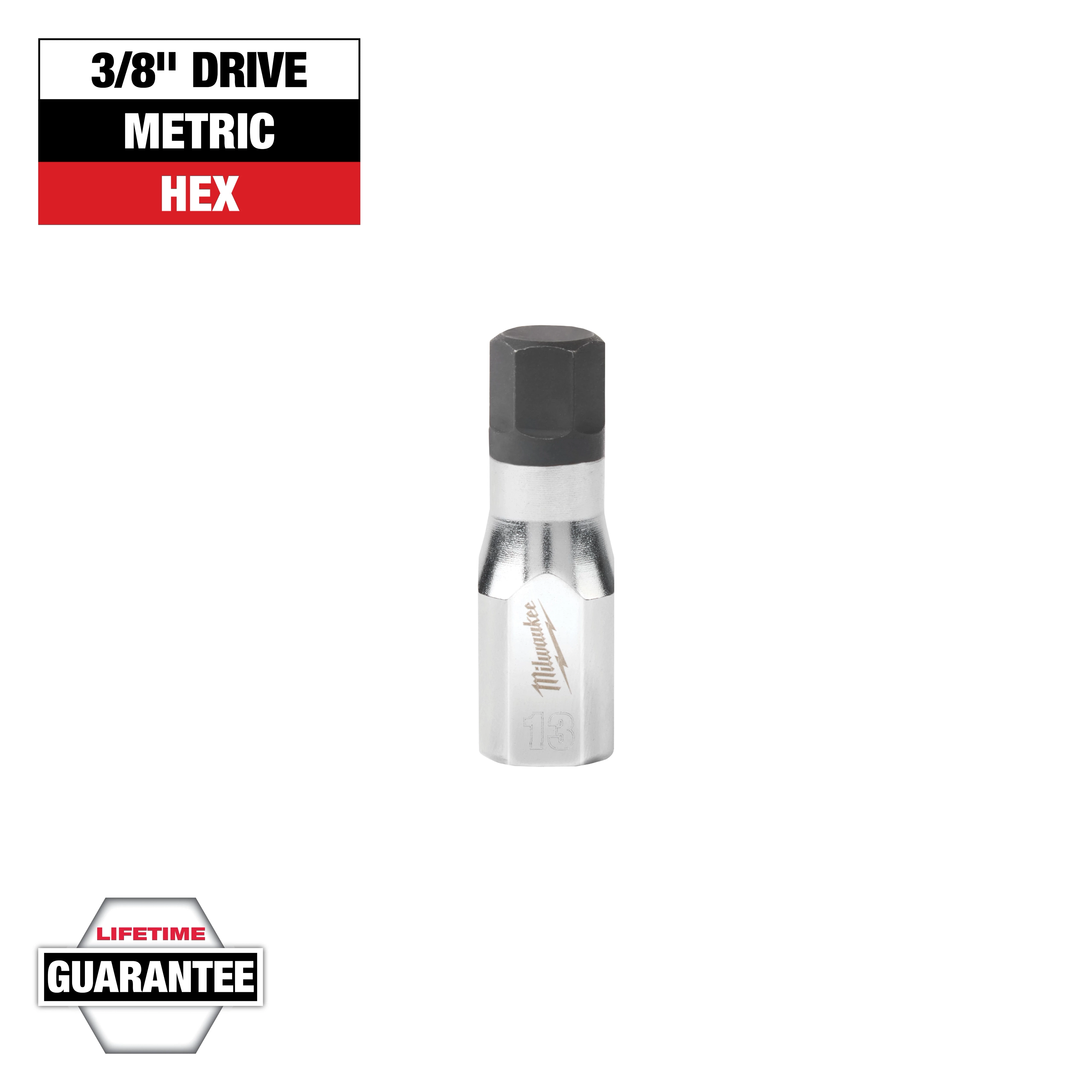 This image shows a Milwaukee 3/8" drive metric hex bit. The top left corner states "3/8" Drive, Metric, Hex" and the bottom left corner displays "Lifetime Guarantee." The bit has a silver body with a black hexagonal tip.