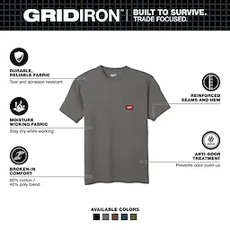 GRIDIRON Pocket T-Shirt - Short Sleeve with durable fabric, moisture-wicking, reinforced seams, anti-odor treatment, and 60/40 cotton-poly blend.