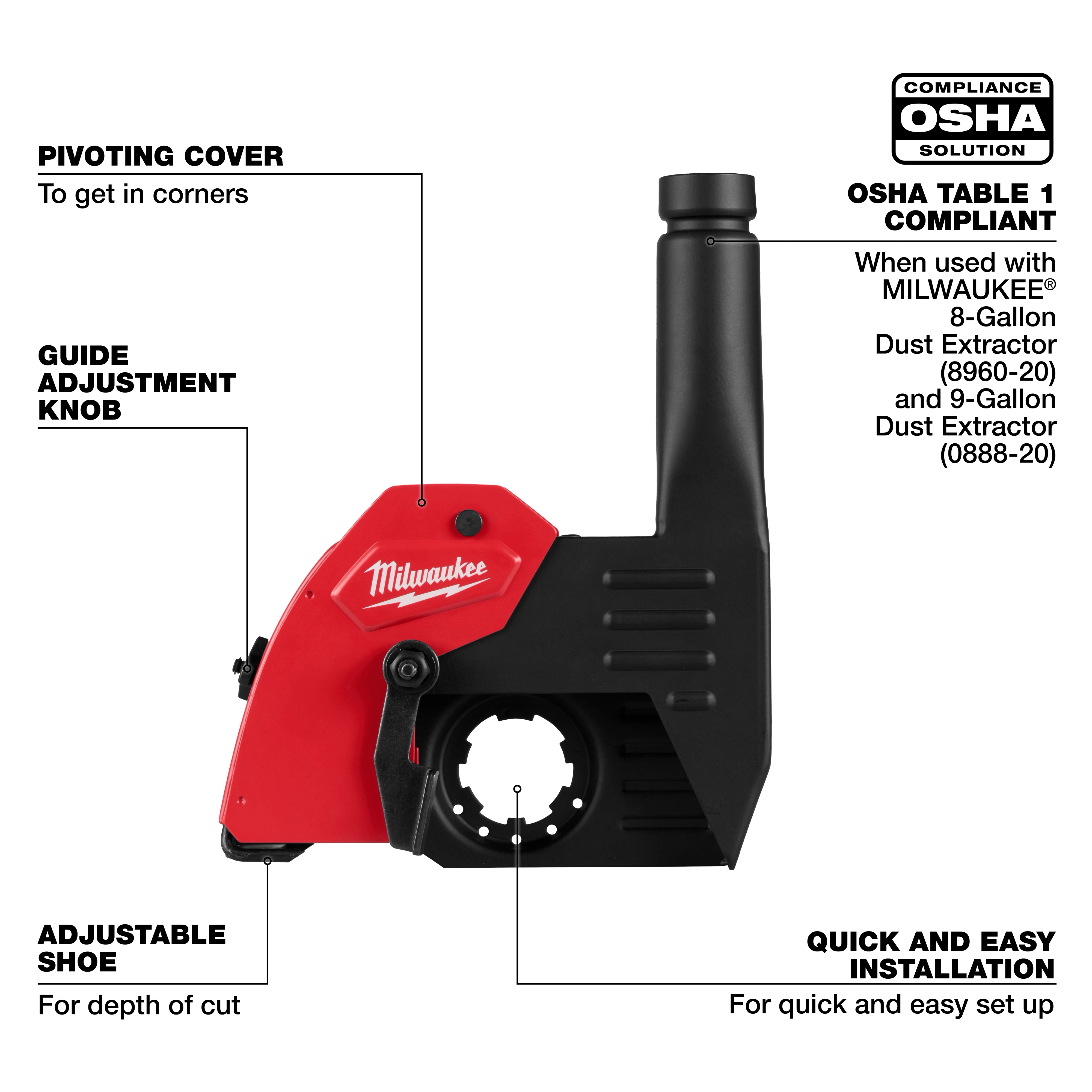 Red and black 6" Tuckpointing Dust Shroud with pivoting cover, guide adjustment knob, adjustable shoe. OSHA compliant, easy installation.