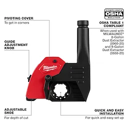 Red and black 6" Tuckpointing Dust Shroud with pivoting cover, guide adjustment knob, adjustable shoe. OSHA compliant, easy installation.