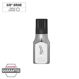 3/8'' Drive 14mm Triple Square Bit Socket with chrome finish and black tips; includes Lifetime Guarantee text and symbols.