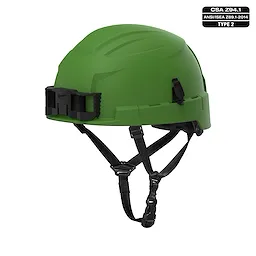 BOLT 4PT Green Non-Vented Safety Helmet - Type 2, Class E. Green helmet with black straps and mount, CSA Z94.1 certified.