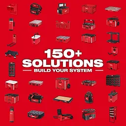 Red PACKOUT storage, totes, organizers, tool boxes, coolers, hooks, racks, and work top arranged around “150+ Solutions” text.