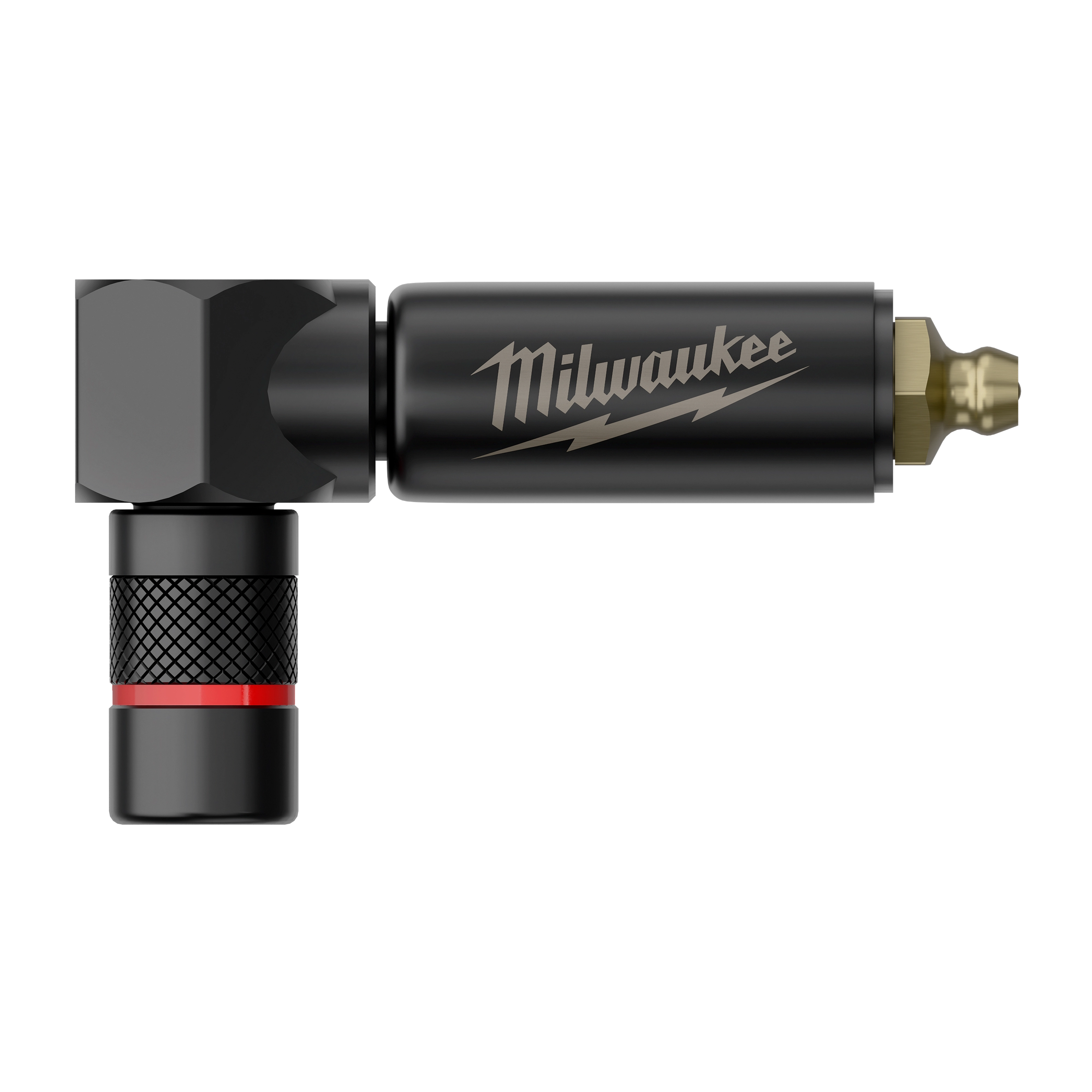 Right Angle Grease Coupler in an L-shaped metal design with textured grip and threaded tip.