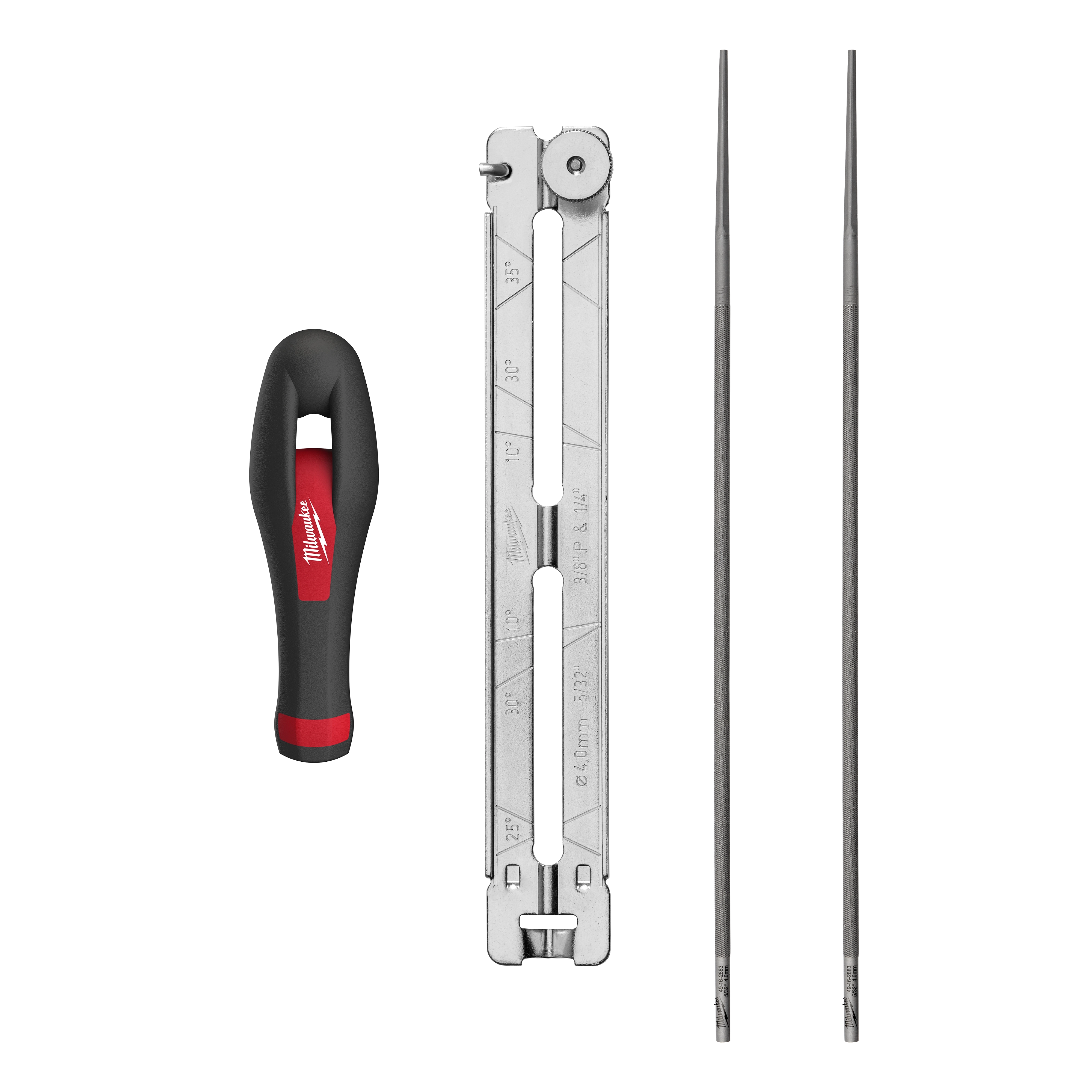 The 4pc 5/32” Saw Chain Sharpening Set includes a black and red handle, a metal file guide, and two long sharpening files. The handle is ergonomically designed for comfort, and the file guide has measurement markings for precision sharpening.