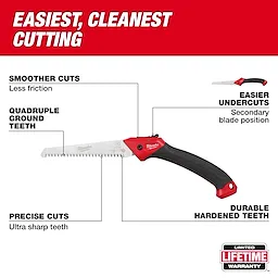 7” Folding Pruning Saw – Straight Blade with black and red handle and serrated metal blade on a white and red background.