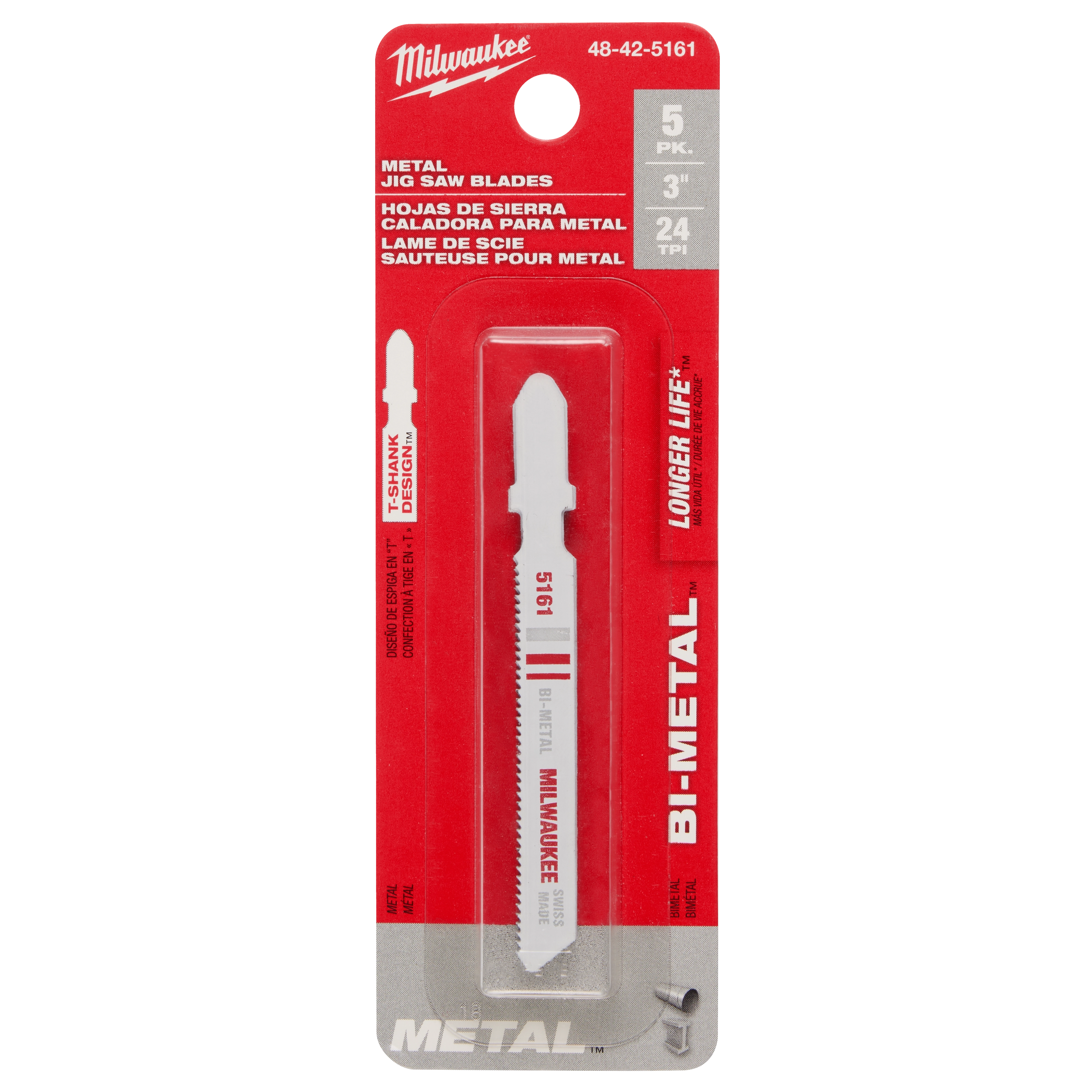 3" 24 TPI T-Shank Metal Cutting Bi-Metal Jig Saw Blades 5PK, in red packaging, with bold text highlighting key features.