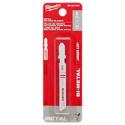3" 24 TPI T-Shank Metal Cutting Bi-Metal Jig Saw Blades 5PK, in red packaging, with bold text highlighting key features.