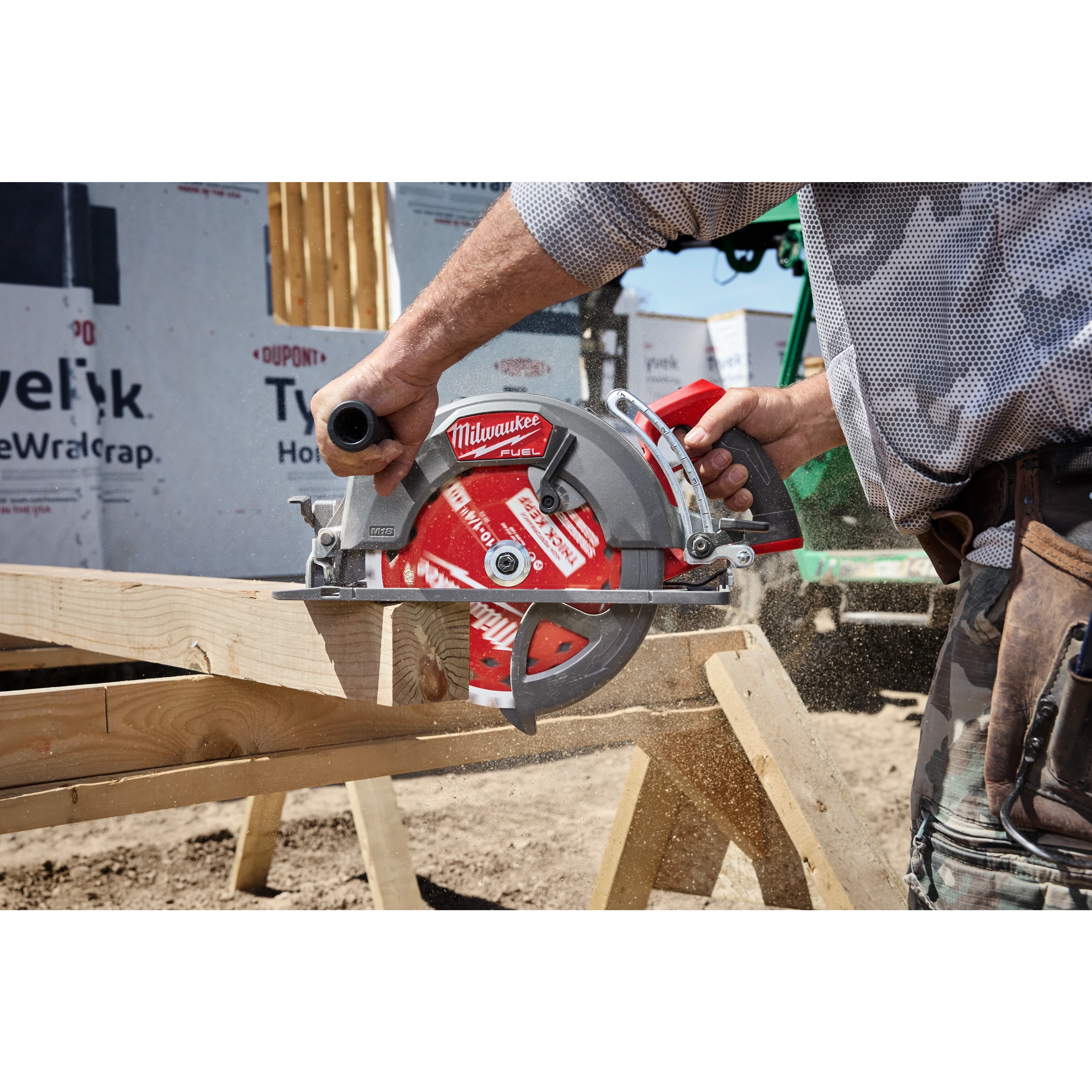 Worker cutting a wooden beam with a circular saw using a 10-1/4" 40T Thick Kerf Finish Circular Saw Blade.