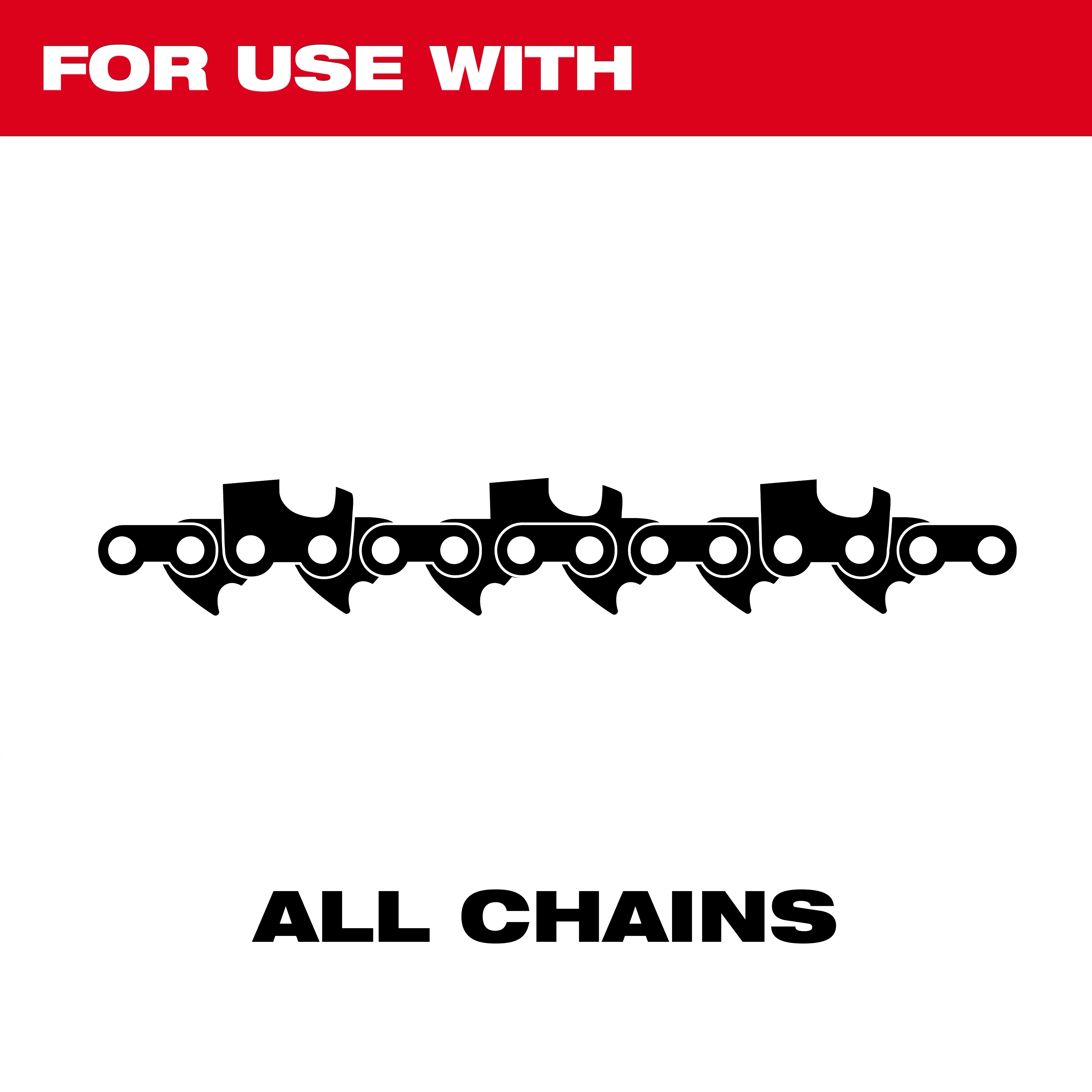 The Flat File for Saw Chain 3 PK can be used with all chains. The image includes text "FOR USE WITH" above a saw chain graphic and "ALL CHAINS" below it, indicating compatibility.