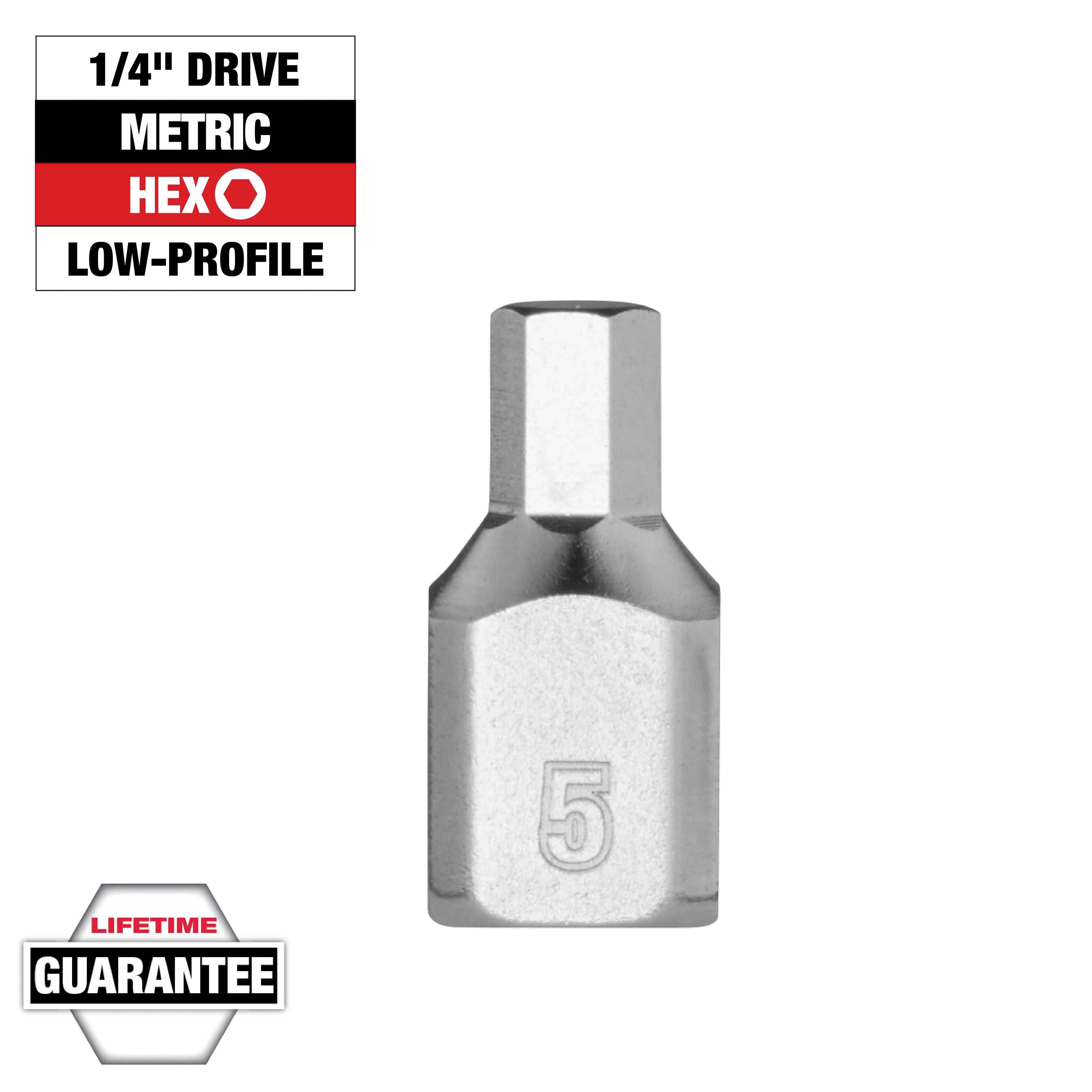 The image features a 1/4" Drive 5mm Low-Profile Hex Bit Socket with a metallic finish, labeled with the numeral "5". Lifetime guarantee noted.