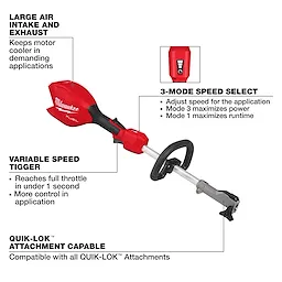 Red and gray M18 FUEL Power Head w/ QUIK-LOK with handle and attachment-ready shaft on white background.